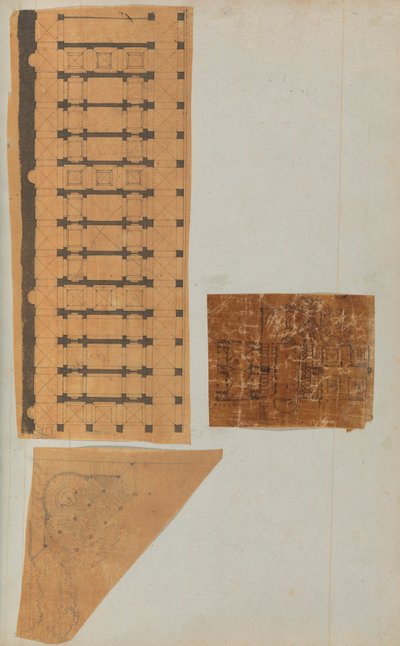 Mimariye İlişkin Çizimler ve Çeşitli Baskılar içeren bir Karalama Defterinden Sayfa, Int..., yakl. 1800-1850. Yaratıcılar: Charles Percier Atölyesi, Pierre François Léonard Fontaine Atölyesi. by Workshop of Charles Percier, Workshop of Pierre