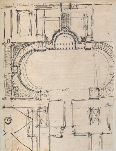 Mimariye İlişkin Çizimler ve Çeşitli Baskılar içeren bir Karalama Defterinden Sayfa, Int..., yakl. 1800-1850. Yaratıcılar: Charles Percier Atölyesi, Pierre François Léonard Fontaine Atölyesi. by Workshop of Charles Percier, Workshop of Pierre