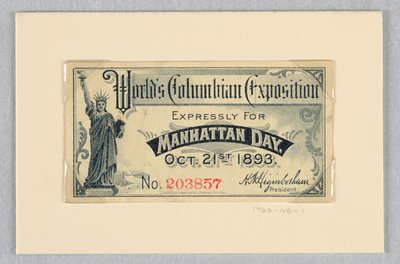 21 Ekim 1893 Manhattan Günü için Dünya Kolomb Sergisi Bileti by World