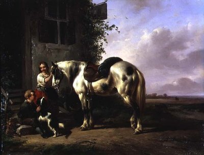 Genç kız, oğlan, köpek, at ile bir hanın dış by Wouterus Verschuur