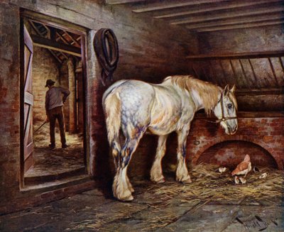 Günün Sonunda: ahırda at, bir adam dışarı çıkarken (renkli taş) by Wright Barker