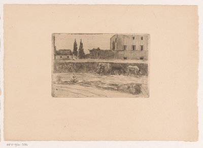 Binalar ve iş yerinde bir figür ile manzara by Xavier Mellery (attributed to)