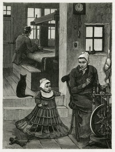 Evin içi ve dokumacı atölyesi, dokumacı ve çarkın yanı sıra ilk adımlarını atmasına yardımcı olan hasır etek giyen bir çocuk. Camille Lemonnier
