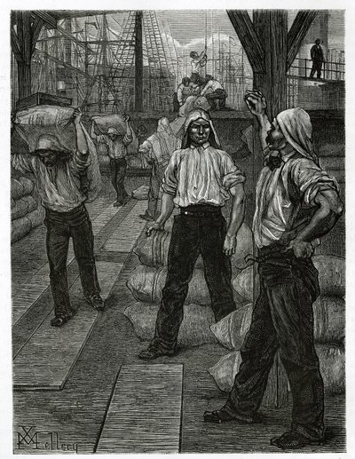 Bir geminin boşaltılması, başlarında asfalt şapka bulunan liman işçileri, malları Antwerp limanının rıhtımlarına yığıyor. Belçika