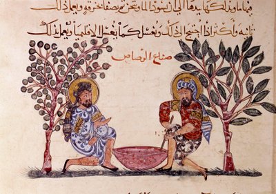 Arap şair Ebu Muhammed el-Kasim ibn Ali Hariri (veya Al-Hariri veya Al Hariri) tarafından 11. yüzyıla ait pikaresk şiir olan “” Makamat”ın (Seanslar) Kurşun Sayfa Yapımı (1054-1122), Al- Wasiti (el-vasiti) by Yahya ibn Mahmud Al Wasiti