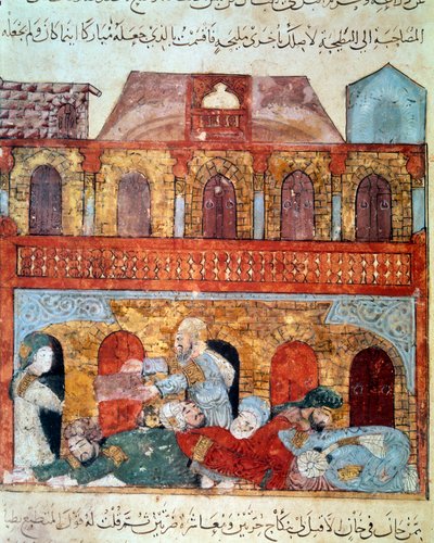 Gezici gezgin Ebu-Zeyd (Ebu Zeyd, Ebu Zeyd) ve uyuyan tüccarlar Minyatür, Ebu Muhammed el-Kasim ibn Ali Hariri (veya Al-Hariri veya Al Hariri) tarafından “Maqamat”tan (Seanslar) alınmıştır (1054-1122). Yahya Mahmud el-Vasiti (el-Vasiti) tarafından aydınlat by Yahya ibn Mahmud Al Wasiti