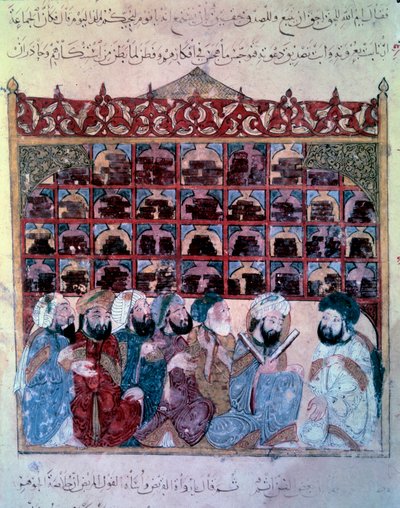Gezici gezgin Ebu-Zayd (Ebu Zeyd, Ebu Zeyd), Basra Minyatür kütüphanesinde Ebu Muhammed el-Kasim ibn Ali Hariri (veya Al-Hariri veya Al Hariri) tarafından “Maqamat”tan (Seanslar) bir konuşma yapıyor (1054- 1122, Yahya Mahmud el-Vasiti (el Wasit) tarafından by Yahya ibn Mahmud Al Wasiti