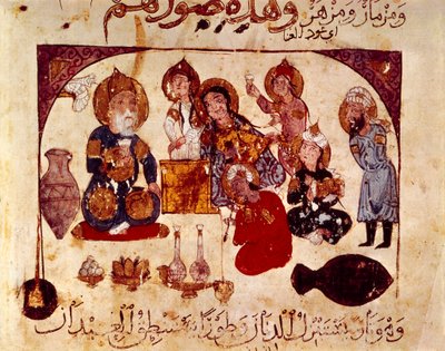 Abou-Zayd, Hanah meyhanesinde, "Maqamat"tan (Deyişler) minyatür, ms. 3929, fol. 34v by Yahya ibn Mahmud Al Wasiti