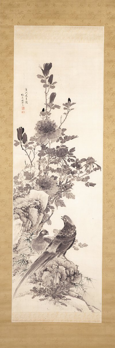 Şakayıklar ve Altın Sülünler (ipek üzerine mürekkep) by Yamamoto Baiitsu