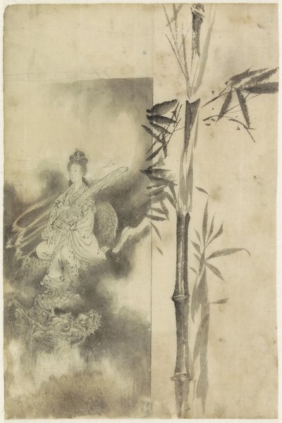 Bir ejderha ve bambu sapı üzerinde tahtta oturan tanrıça by Yamamoto Shinryo Baiitsu