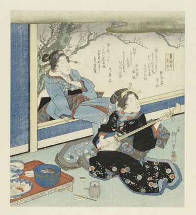 Shamisen Oynayan Geyşa Siyah tütsü (nesne üzerindeki başlık) by Yanagawa Shigenobu (II)