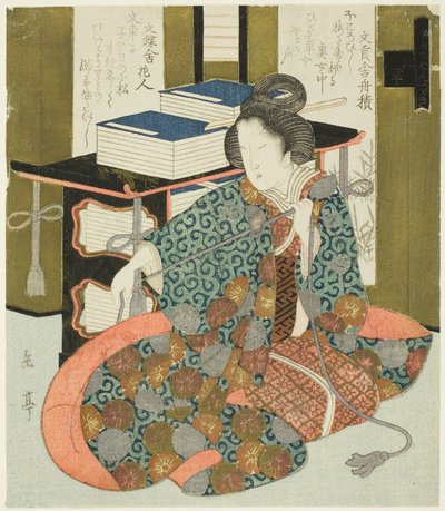 "Katsushika Kulübü İçin Yedili Set" serisinden Tekerlekli Kitap Kasasının İpini Çeken Bir Kadın by Yashima Gakutei