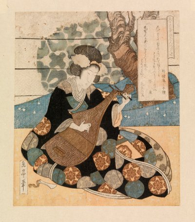 Enstrüman çalan kadın, 1804-40 dolayları (renkli gravür) by Yashima Gakutei
