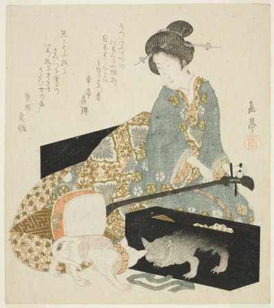 Shamisen ve kedi olan kadın by Yashima Gakutei
