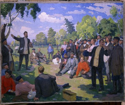 1891'de 1 İşçi Bayramı (1891'de 1 Mayıs). Güneşli bir parkta işçilerin dinlenme ve toplanma günü. Yefim Mihayloviç Tcheptsov (1875-1950), tuval üzerine yağlıboya 1935. 20. yüzyıl Sovyet sanatı. Devlet Rus Müzesi, Aziz by Yefim Mikhailovich Tcheptsov