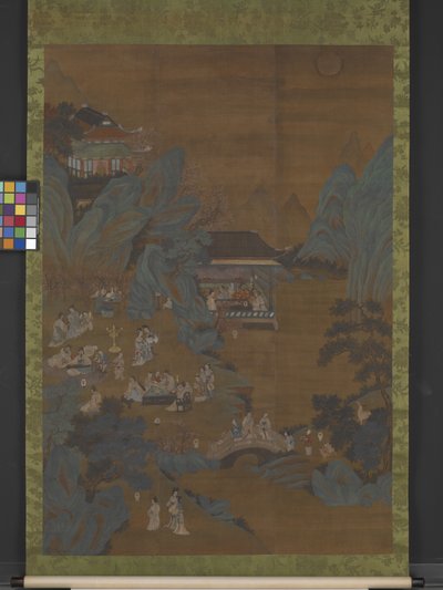 Şeftali ve Erik Bahçesinde Akşam Ziyafeti (mürekkep, renkli, ipek üzerine altın) by Ying Qiu
