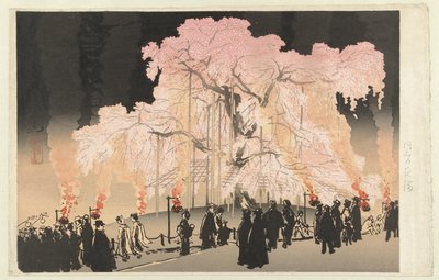 Maruyama parkında geceleri kiraz çiçeği Maruyama no yozakura (nesne üzerindeki başlık) by Yoshikawa Kanpo