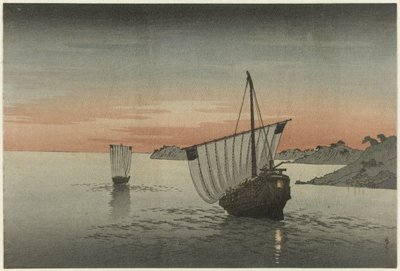 Kıyı boyunca iki yelkenli gemi by Yoshimune (II) , Utagawa