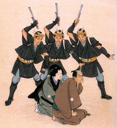 Geleneksel Japon tiyatrosu: üç silahlı adam bir erkek ve bir kadın karakteri tehdit ediyor by Yoshimune Arai