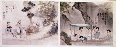 Art coreen: yürüyüş ve tekne sahnesi. Sin Yun Bok (veya Hyewon) (1758 doğumlu) tarafından yapılan baskılar. 18. yüzyıl. by Yun bok Sin