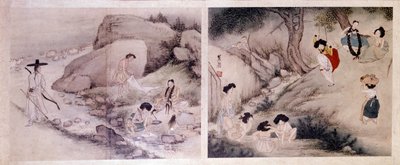 Art coreen: kıyafetlerini yıkayan ve kendi kendine giyinen kadınlar ve tuvaletlerini yapan ve kendilerini eğlendiren kadınlar. Sin Yun Bok (veya Hyewon) (d. 1758) tarafından yapılan baskılar. Hyung Pil Chun Koleksiyonu by Yun bok Sin