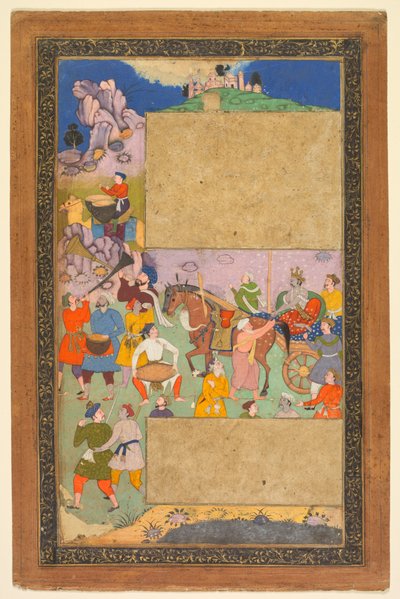 Bir uşak ve müzisyen maiyetiyle kayalık bir arazide ilerleyen bir araba sürücüsü..., 1616-16 by Yusuf Ali