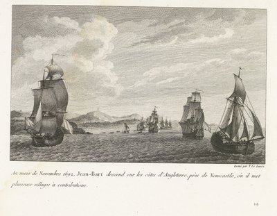 Jan Bart voor de Engelse kust bij Newcastle, 1692 Kasım 1692'de Jean-Bart, Newcastle yakınlarında İngiltere kıyılarına iner ve burada birkaç köyü katkıya koyar (nesne üzerine başlık) Kanat şefi Jean-Bart'ın dövüşlerinin derlemesi böyle by Yves Marie Le Gouaz