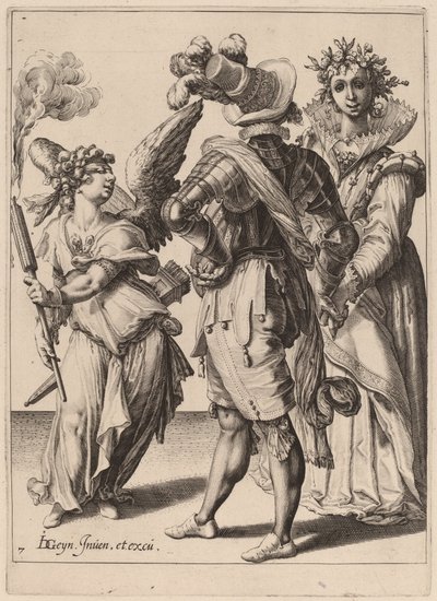 Bir çiftin önünde meşale tutan gözleri bağlı bir aşk tanrısı by Zacharias Dolendo after Jacques de Gheyn II