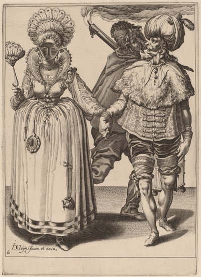 Türbanlı Bir Adam Tavus Kuşu Tüyleri Giyen Bir Kadına Önderlik Ediyor by Zacharias Dolendo after Jacques de Gheyn II