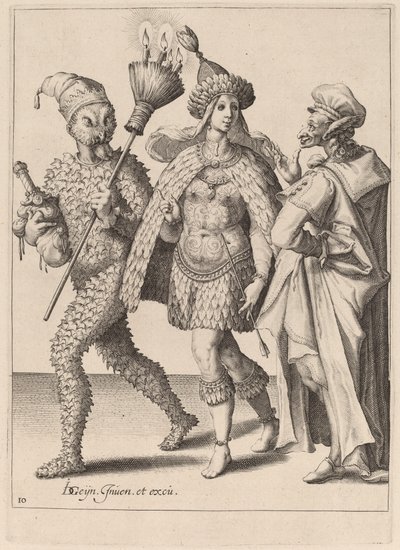Tüyler içinde bir çifte hitap eden yaşlı bir mumya by Zacharias Dolendo after Jacques de Gheyn II
