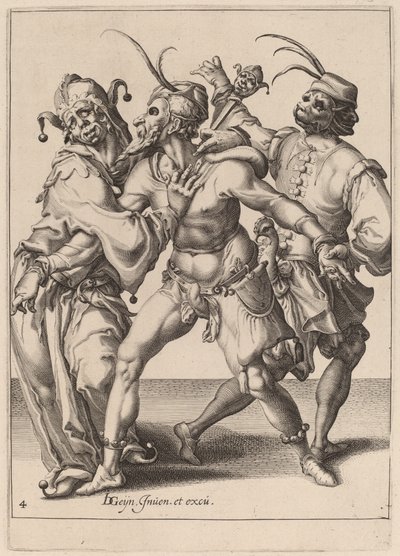 Bir Soytarı Dahil Üç Dans Eden Mummers by Zacharias Dolendo after Jacques de Gheyn II