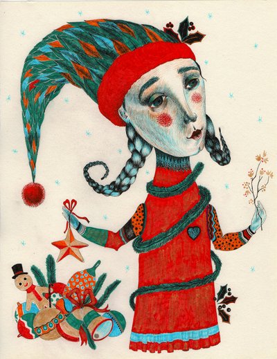 Noel She-Elf, 2020 (kağıt üzerine mürekkeple çizim) by Sabina Nedelcheva Williams