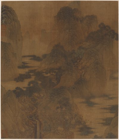 Manzara: dağ geçidi, sis, bir dere ve binalar by Zhang Hong