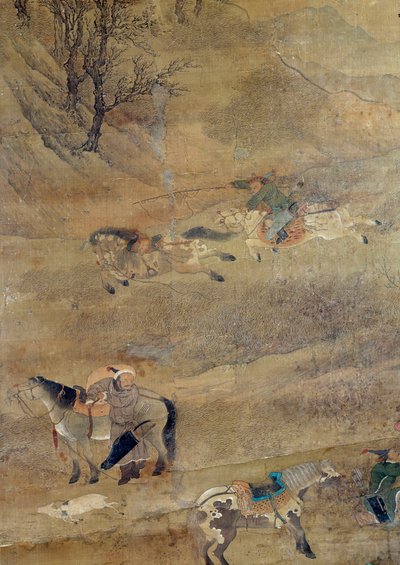 Bir atı kovalayan Moğol binici. Detay. Fou Tchao Mong tarafından ipek boyama by Zhao Mengfu Chao Meng Fu or