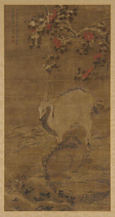 Bir geyik, bir geyik ve karda kırmızı kamelyalar by Zhou Yuan