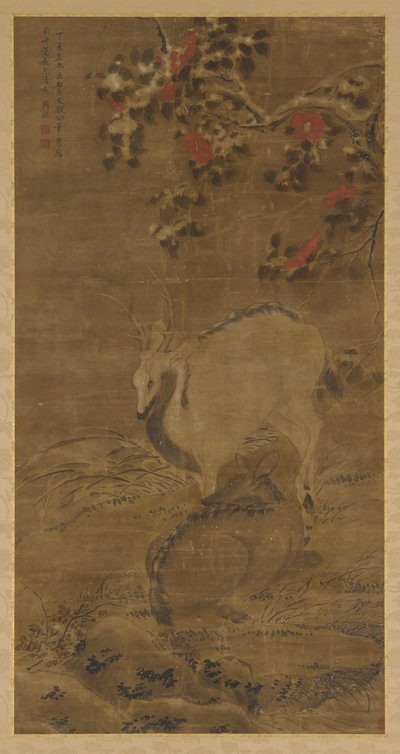 Karda bir geyik, bir geyik ve kırmızı kamelyalar, 1367. by Zhou Yuan