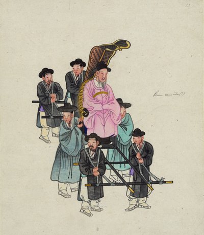 Üst düzey bir Koreli yetkili, muhtemelen Başbakan, ayrıntılı bir Sedan Sandalyede taşınıyor, c. 1890 (suluboya) by . .