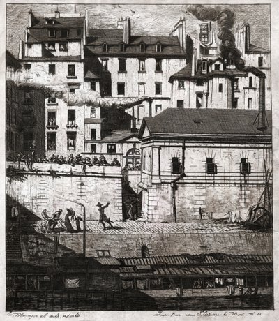 Paris rıhtımlarına polis müdahalesiyle olay yeri. 1860 dolaylarında (Gravür) by . .
