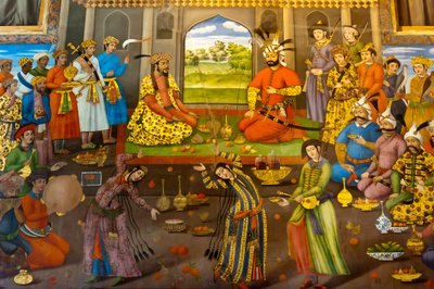 Fresk; dans eden kızlarla ziyafet; Şah Tahmasp, Hindistan Babür İmparatoru Hümayun