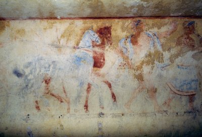 Atlar ve erkek figürleri ile cenaze alayı, fresk, Mavi Şeytanlar Mezarı, Tarquinia Nekropolü (UNESCO Dünya Mirası Listesi, 2004), Lazio, İtalya Etrüsk uygarlığı, MÖ 5. yüzyıl by Georg Carl Heinrich Dollmann