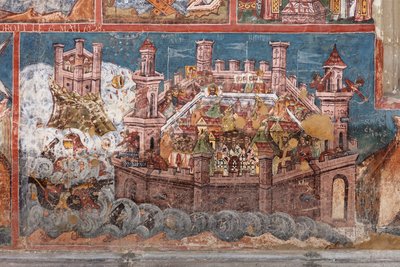 Manastır (manastirea Moldovita). Kilise. Dış. Güneş ışığı. Sol kısım. Duvar resmi. by . .