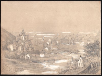Fecamp şehrinin panoraması, Normandiya. 1841 (Çizim) by . .