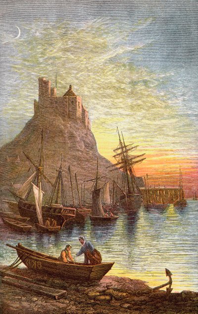 Kaleyi gösteren Kutsal Lindisfarne Adası. by . .