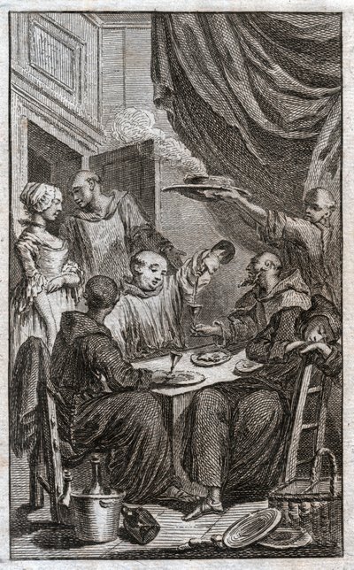 Manastır kurallarını ihlal eden keşişlerin bayramı. Şarap içerler, hizmetçilere kur yaparlar. 18. yüzyıl (Gravür) by . .
