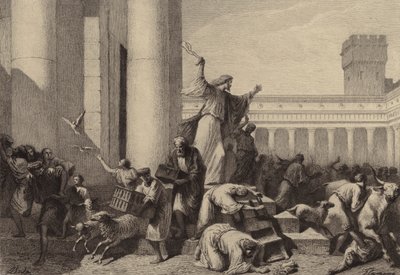 İsa, Para Değiştirenleri Tapınaktan kovuyor by after Albert Robida