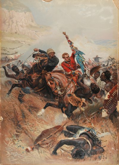 Teğmenler Melville ve Coghill Renkleri Kurtarmak, 1879 Zulu Savaşı, 1881 (chromolitho) by after Alphonse Marie de Neuville