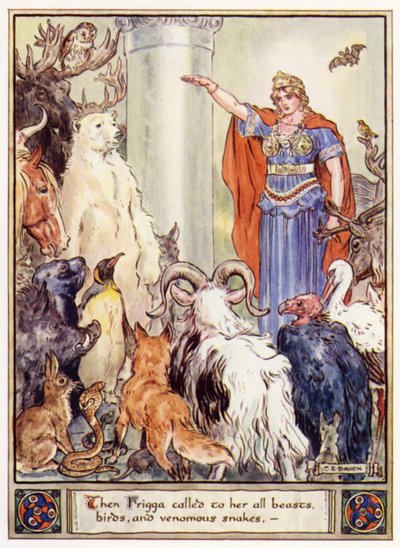 Sonra Frigga ona tüm hayvanları, kuşları ve zehirli yılanları çağırdı. by after Charles Edmund Brock