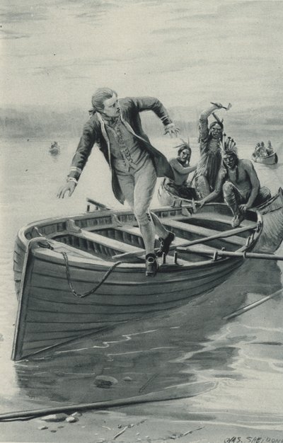 Kızılderililer atlarken Kaptan James Cook teknesinden atlıyor by after Charles Mills Sheldon