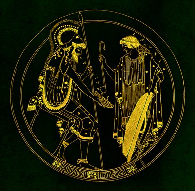 Oturan bir savaşçı şarap bardağını tutuyor, J. E. Harrison ve D. S. MacColl