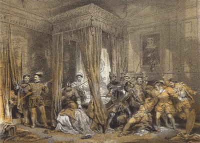 Queen Marys Yatak Odası, Holyrood (chromolitho) by after George Cattermole